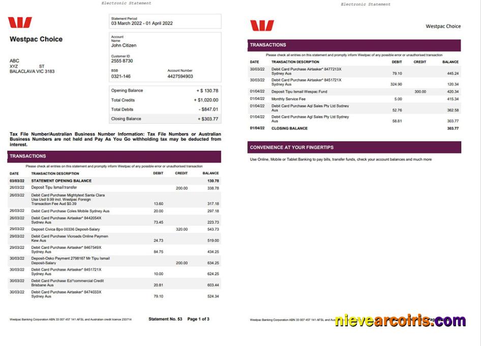 Australia Westpac Bank Statement 3 pages